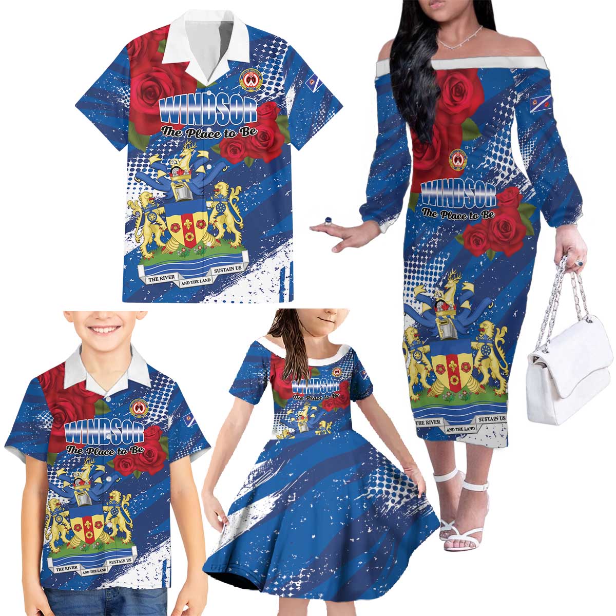 Personalised Windsor Family Matching Off The Shoulder Long Sleeve Dress and Hawaiian Shirt The City of Roses
