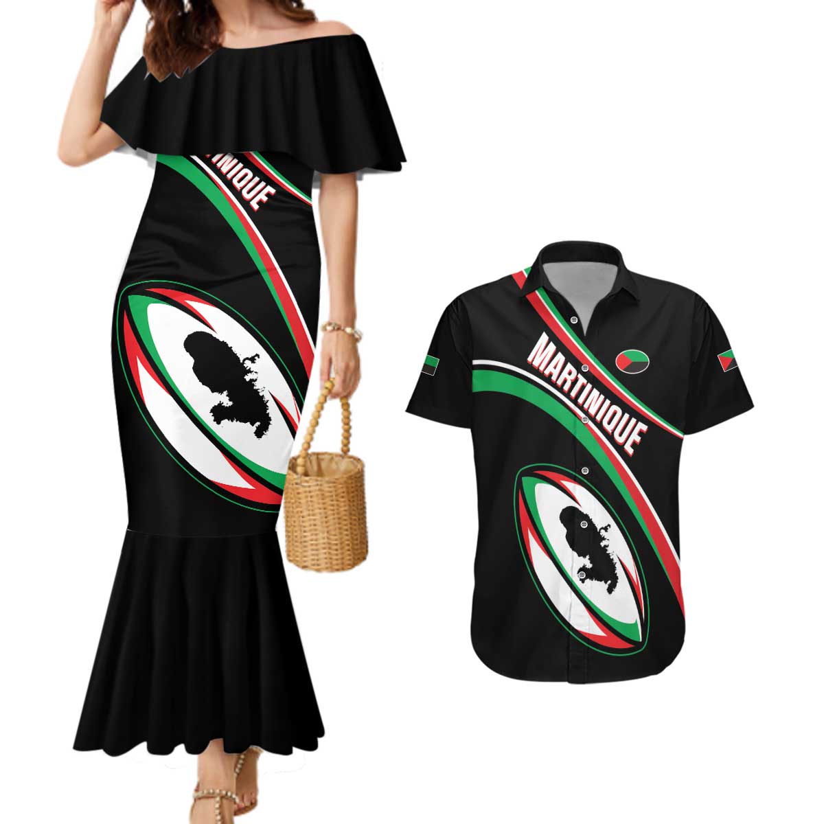 Custom Martinique Rugby Couples Matching Mermaid Dress and Hawaiian Shirt Matinik Go Champions