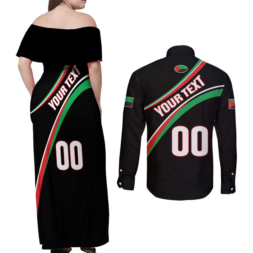 Custom Martinique Rugby Couples Matching Off Shoulder Maxi Dress and Long Sleeve Button Shirt Matinik Go Champions