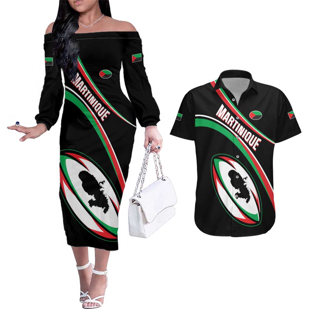 Custom Martinique Rugby Couples Matching Off The Shoulder Long Sleeve Dress and Hawaiian Shirt Matinik Go Champions