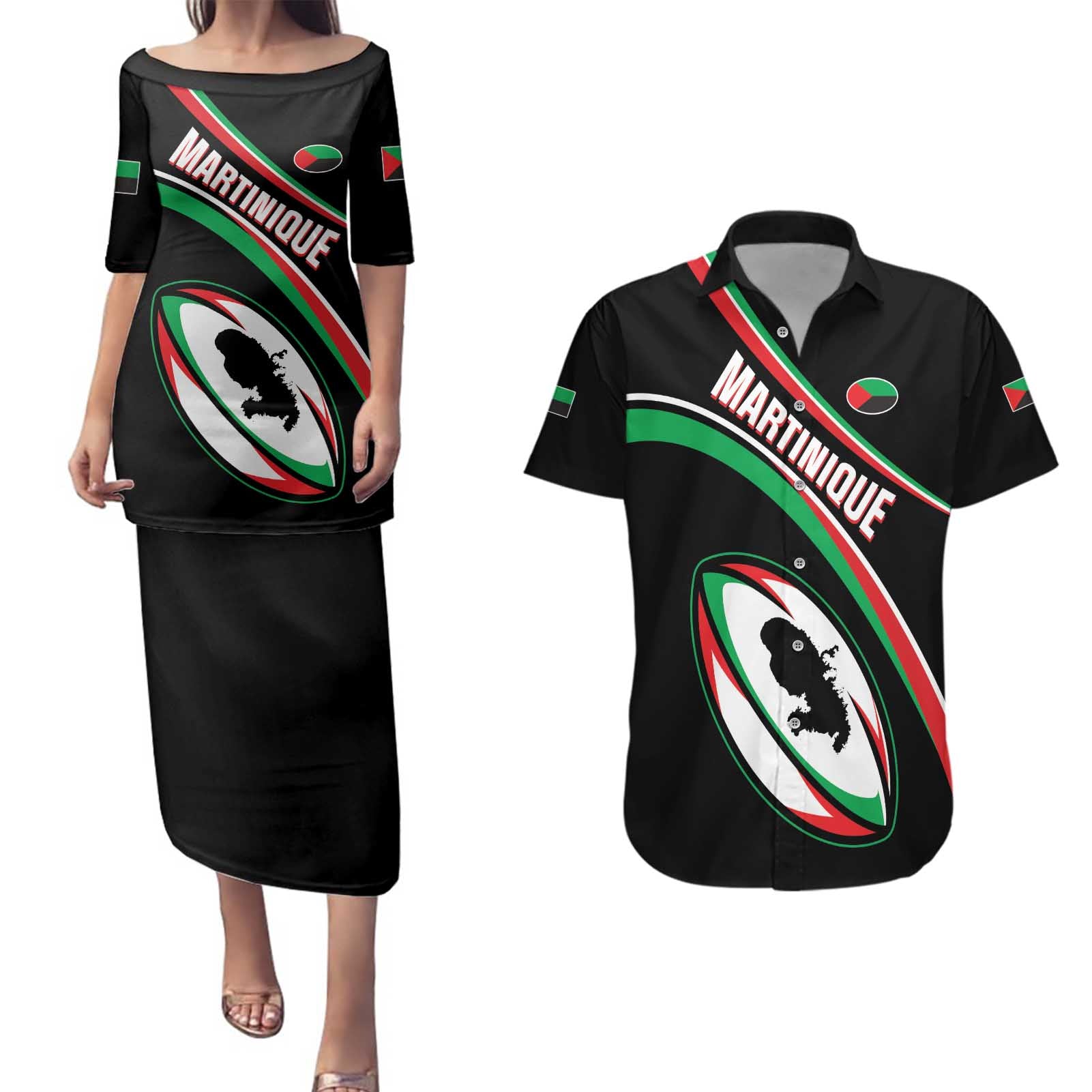 Custom Martinique Rugby Couples Matching Puletasi and Hawaiian Shirt Matinik Go Champions