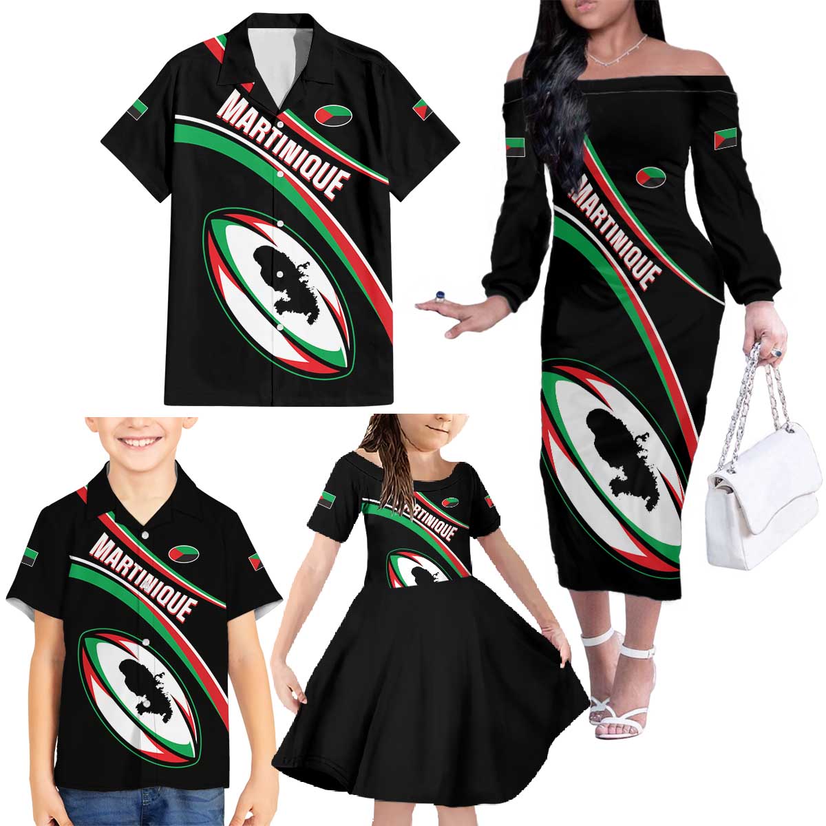 Custom Martinique Rugby Family Matching Off The Shoulder Long Sleeve Dress and Hawaiian Shirt Matinik Go Champions