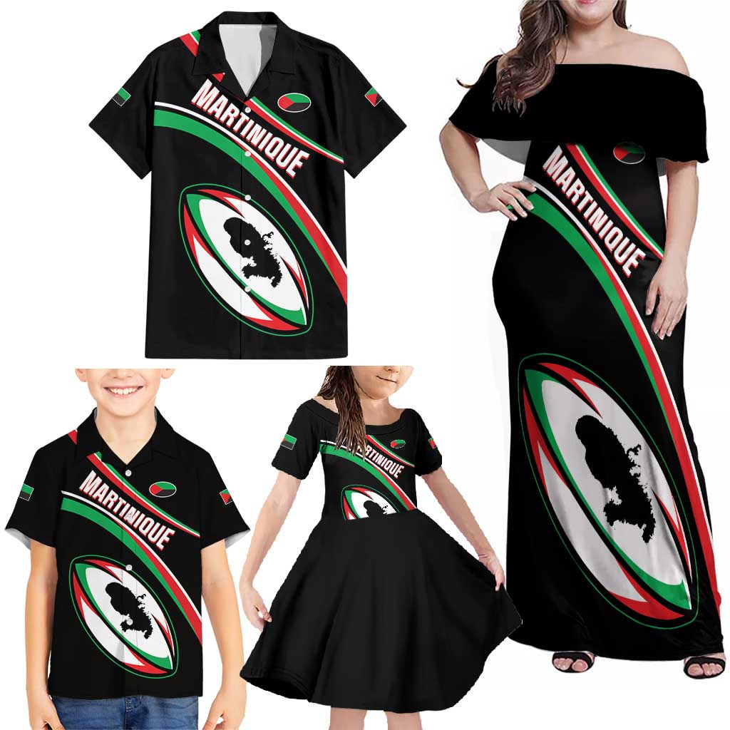 Custom Martinique Rugby Family Matching Off Shoulder Maxi Dress and Hawaiian Shirt Matinik Go Champions