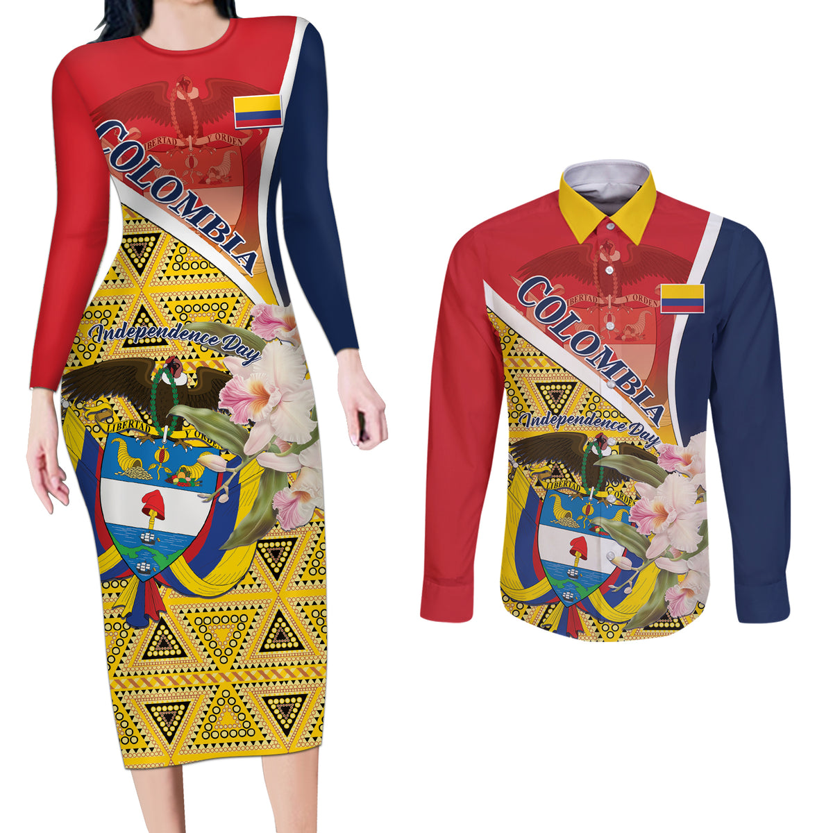 Colombia Independence Day Couples Matching Long Sleeve Bodycon Dress and Long Sleeve Button Shirt Libertad y Orden Colombian Pattern - Wonder Print Shop