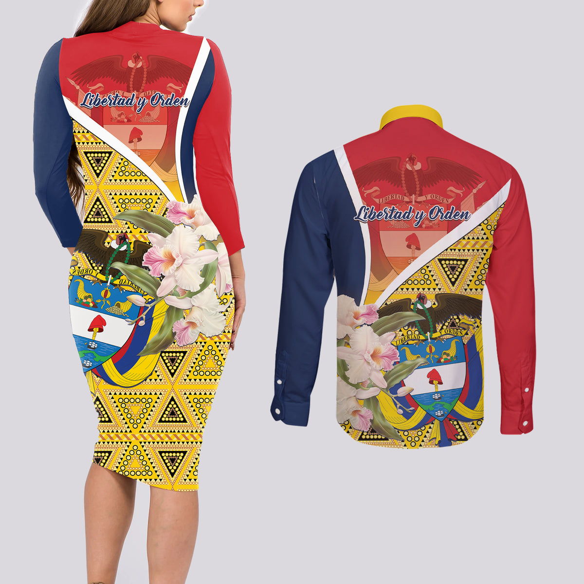 Colombia Independence Day Couples Matching Long Sleeve Bodycon Dress and Long Sleeve Button Shirt Libertad y Orden Colombian Pattern - Wonder Print Shop