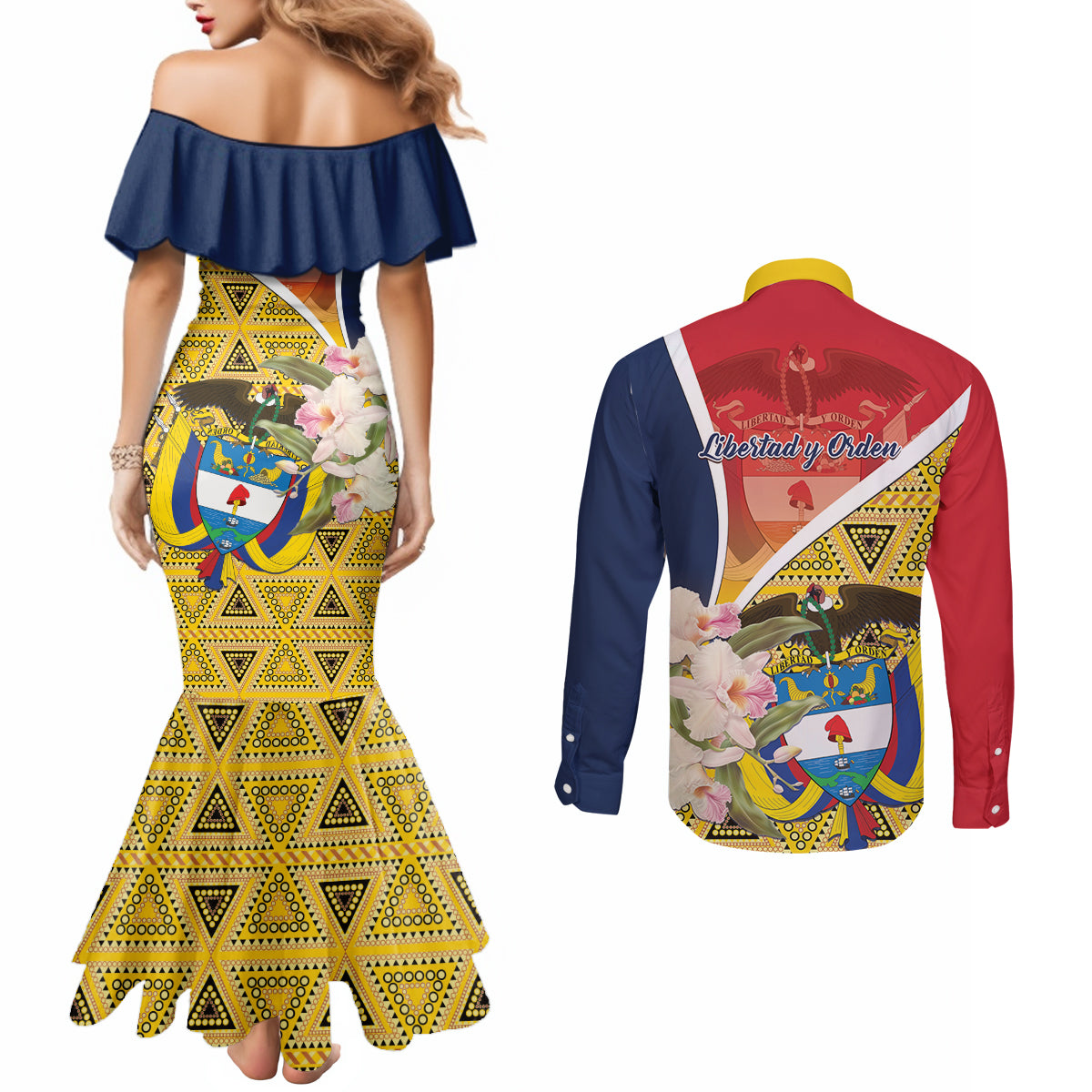 Colombia Independence Day Couples Matching Mermaid Dress and Long Sleeve Button Shirt Libertad y Orden Colombian Pattern