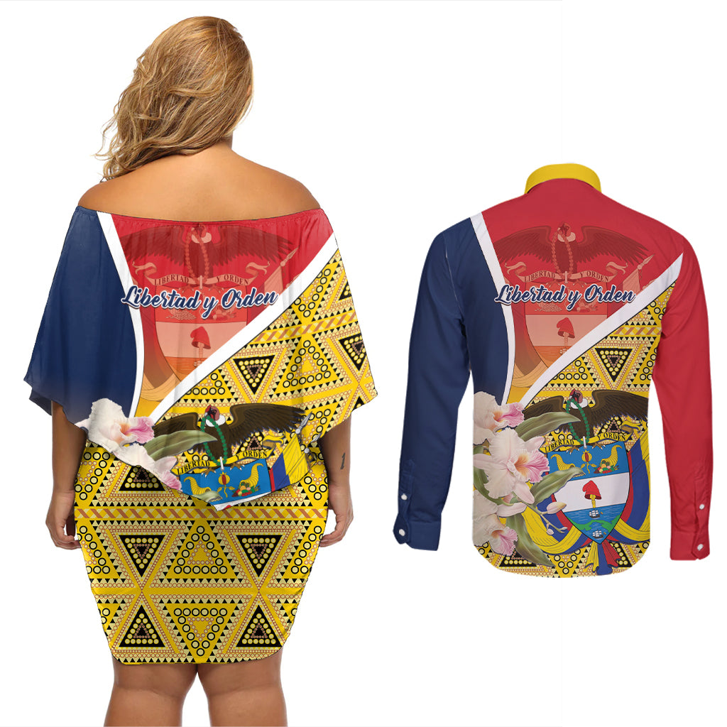 Colombia Independence Day Couples Matching Off Shoulder Short Dress and Long Sleeve Button Shirt Libertad y Orden Colombian Pattern - Wonder Print Shop