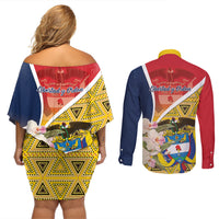 Colombia Independence Day Couples Matching Off Shoulder Short Dress and Long Sleeve Button Shirt Libertad y Orden Colombian Pattern - Wonder Print Shop