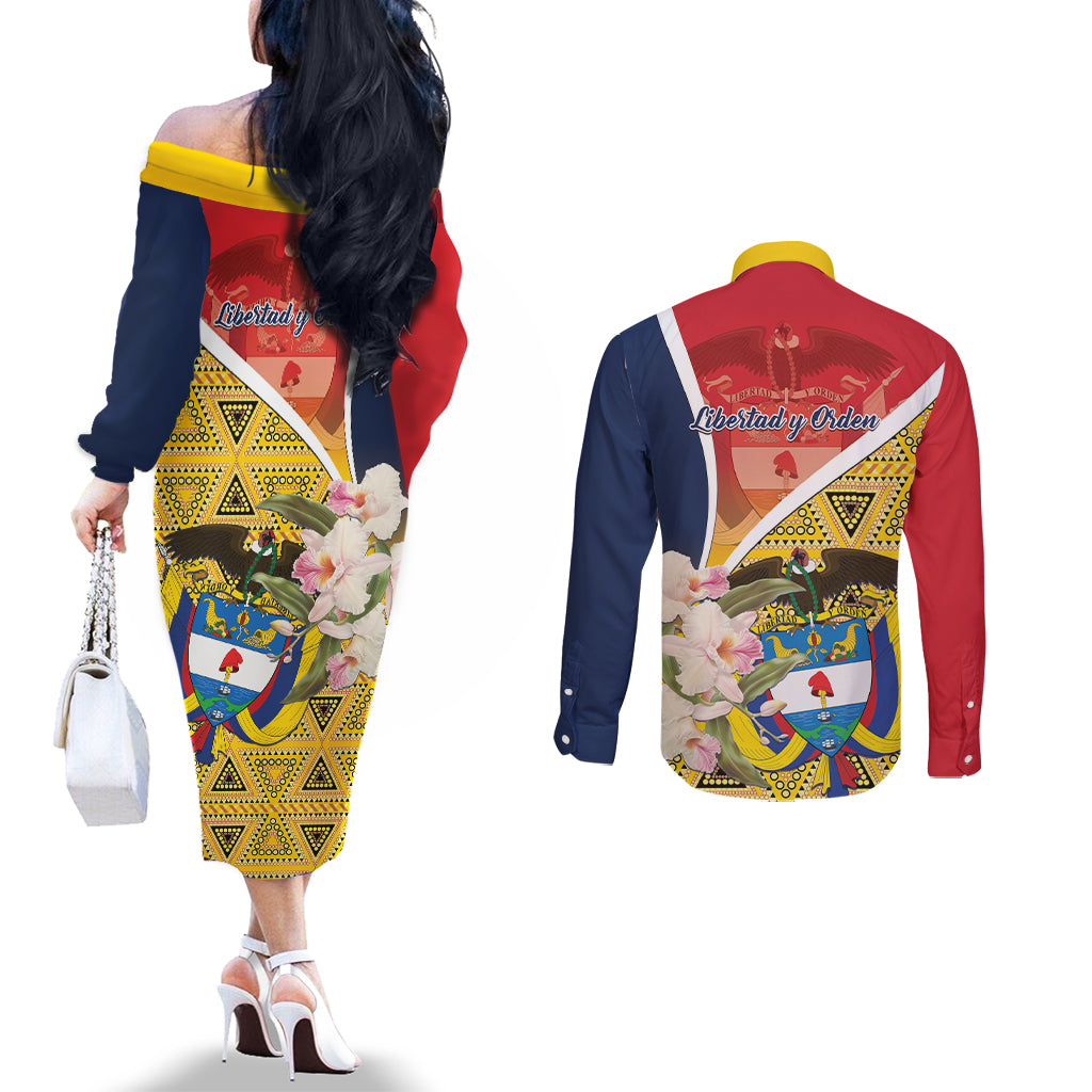 Colombia Independence Day Couples Matching Off The Shoulder Long Sleeve Dress and Long Sleeve Button Shirt Libertad y Orden Colombian Pattern