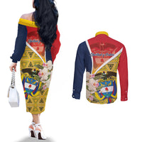 Colombia Independence Day Couples Matching Off The Shoulder Long Sleeve Dress and Long Sleeve Button Shirt Libertad y Orden Colombian Pattern