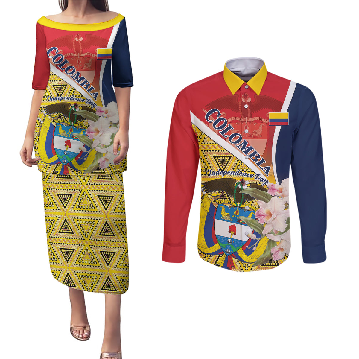 Colombia Independence Day Couples Matching Puletasi and Long Sleeve Button Shirt Libertad y Orden Colombian Pattern - Wonder Print Shop