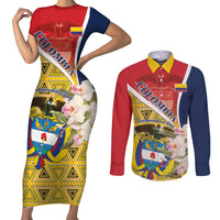 Colombia Independence Day Couples Matching Short Sleeve Bodycon Dress and Long Sleeve Button Shirt Libertad y Orden Colombian Pattern - Wonder Print Shop