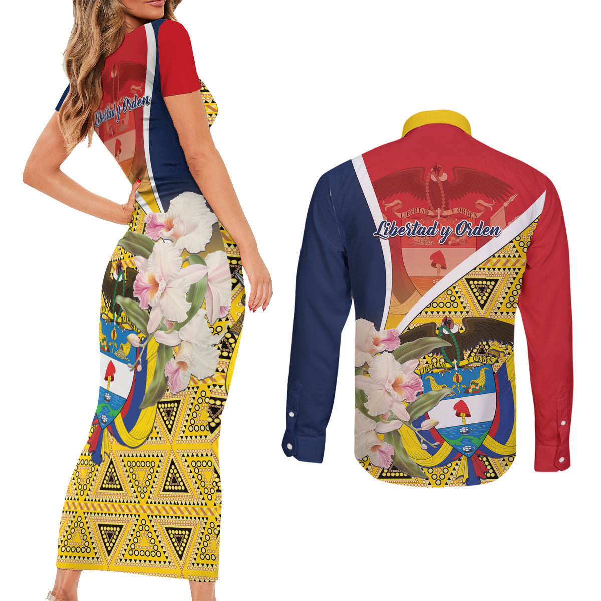 Colombia Independence Day Couples Matching Short Sleeve Bodycon Dress and Long Sleeve Button Shirt Libertad y Orden Colombian Pattern - Wonder Print Shop