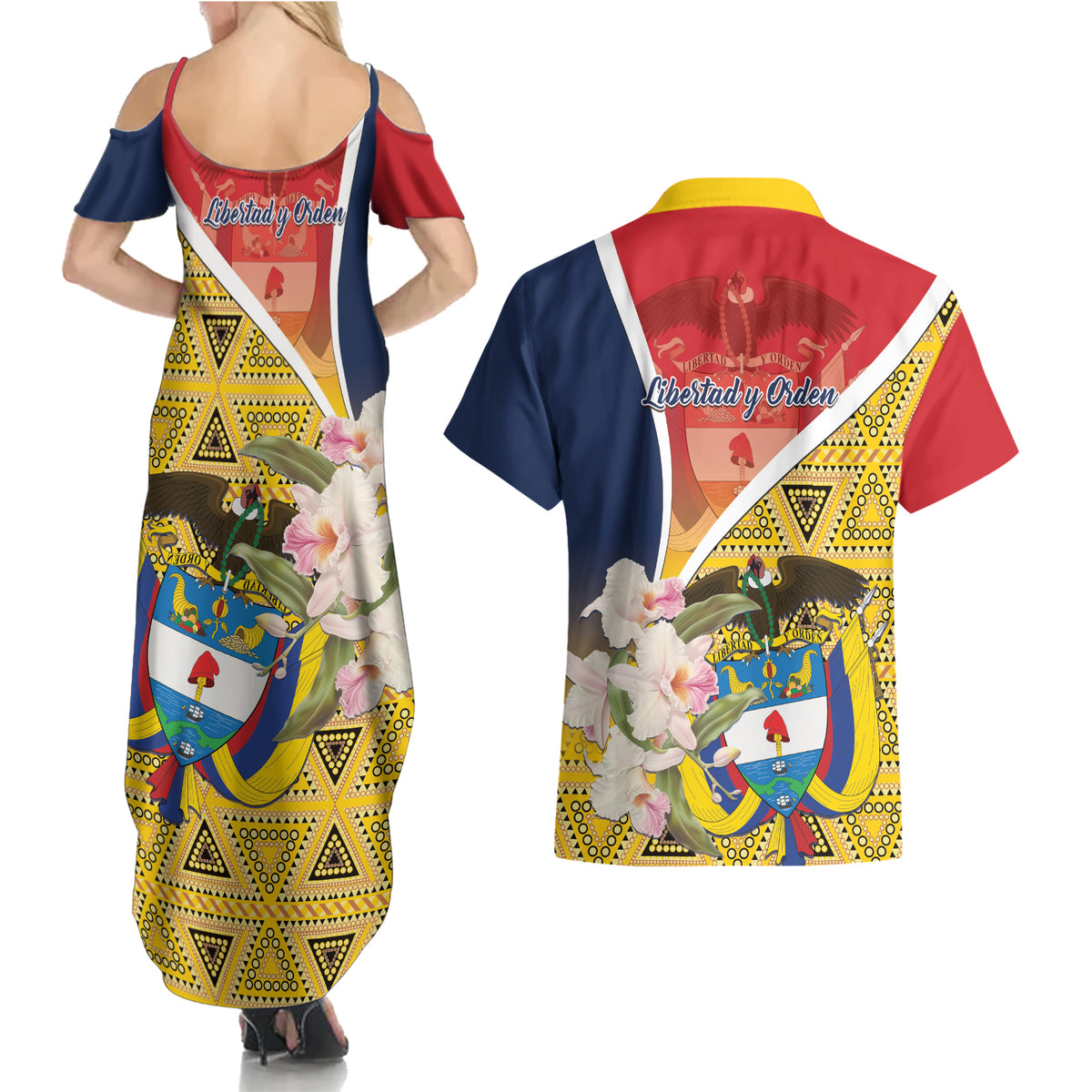Colombia Independence Day Couples Matching Summer Maxi Dress and Hawaiian Shirt Libertad y Orden Colombian Pattern - Wonder Print Shop