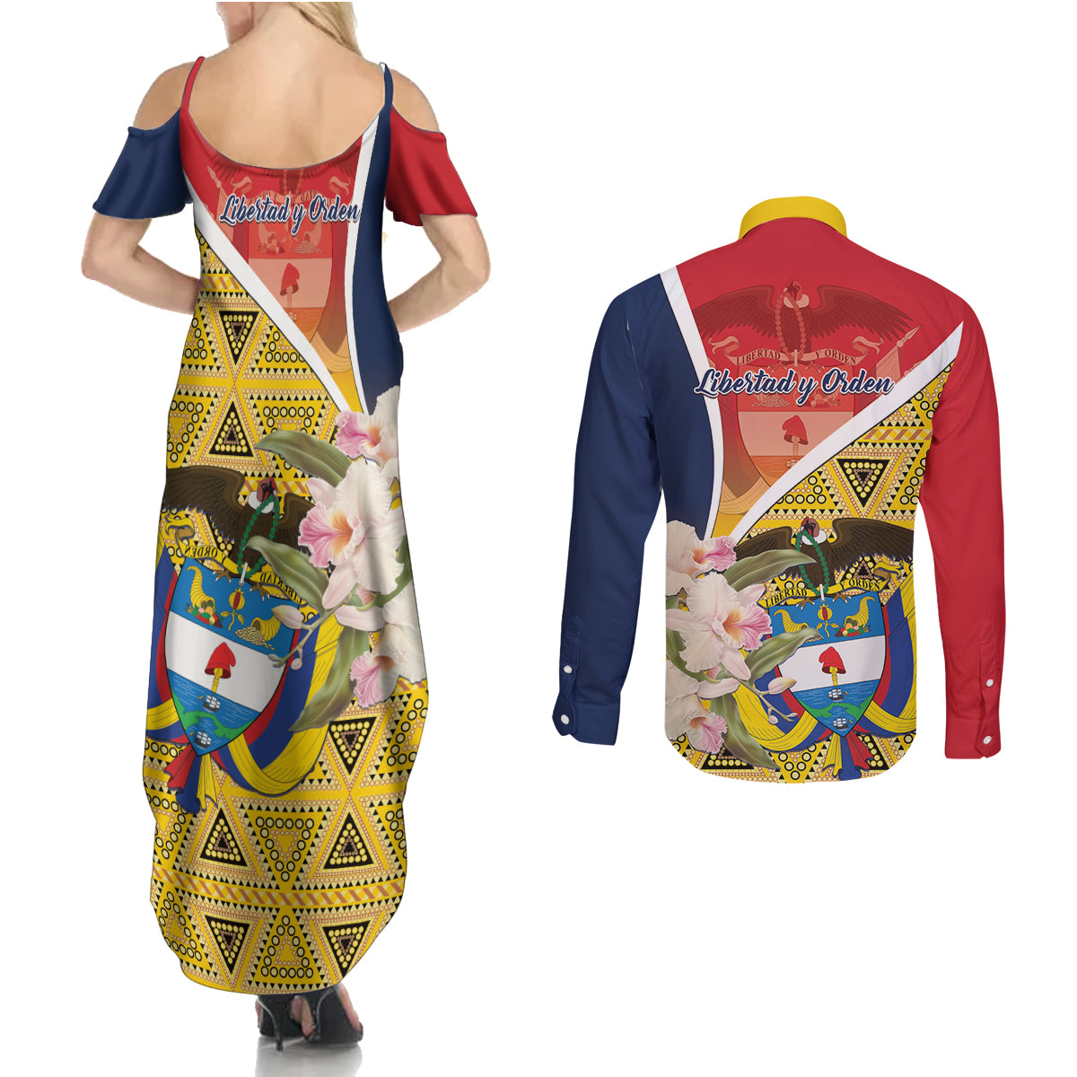 Colombia Independence Day Couples Matching Summer Maxi Dress and Long Sleeve Button Shirt Libertad y Orden Colombian Pattern - Wonder Print Shop
