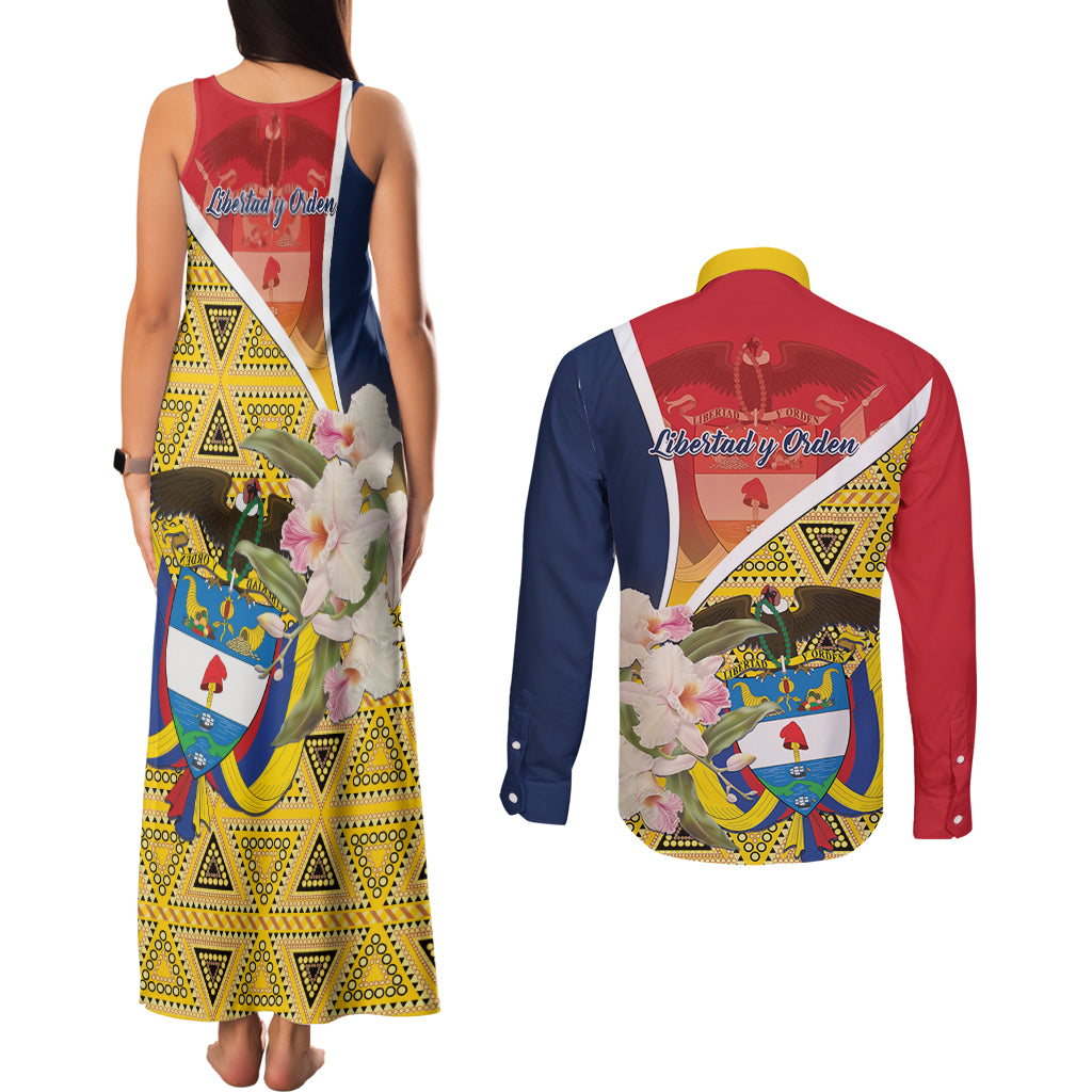 Colombia Independence Day Couples Matching Tank Maxi Dress and Long Sleeve Button Shirt Libertad y Orden Colombian Pattern - Wonder Print Shop