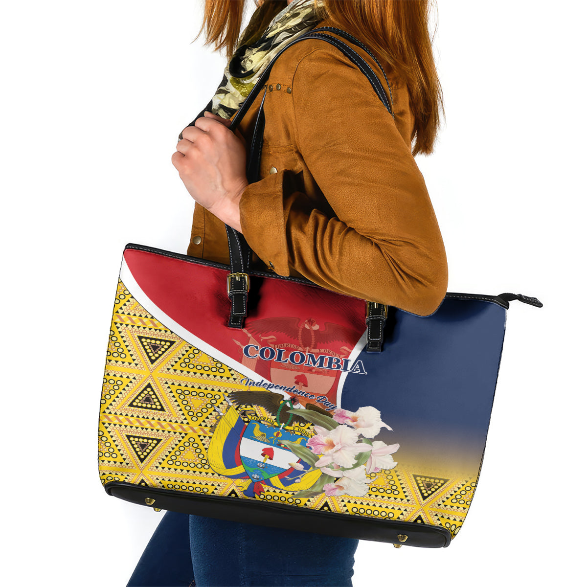 Colombia Independence Day Leather Tote Bag Libertad y Orden Colombian Pattern - Wonder Print Shop