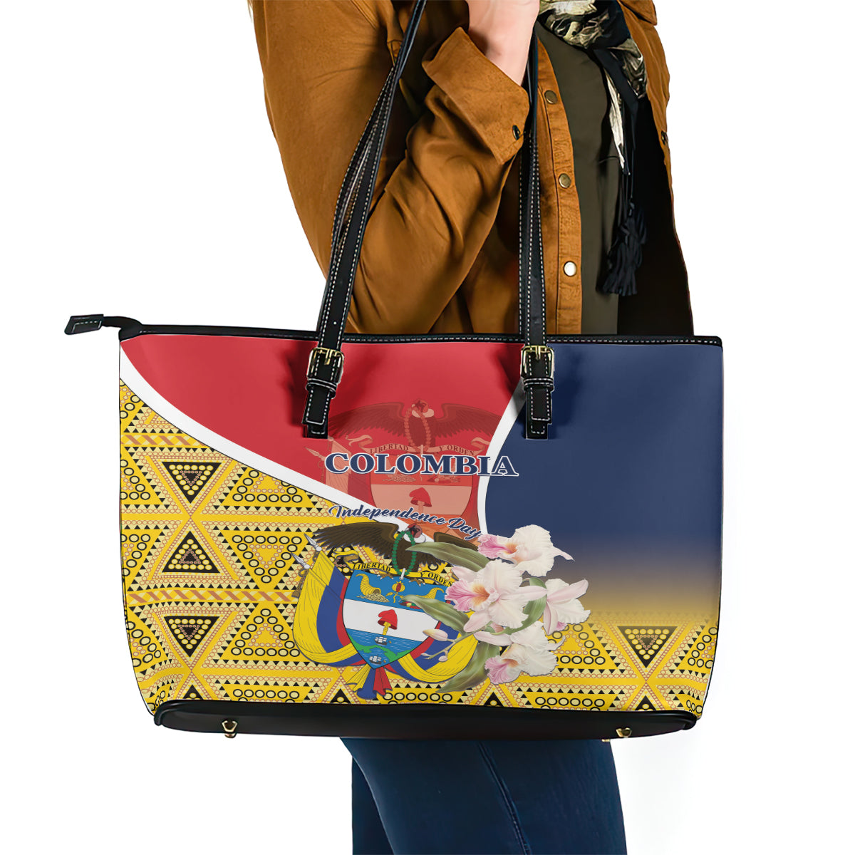 Colombia Independence Day Leather Tote Bag Libertad y Orden Colombian Pattern - Wonder Print Shop