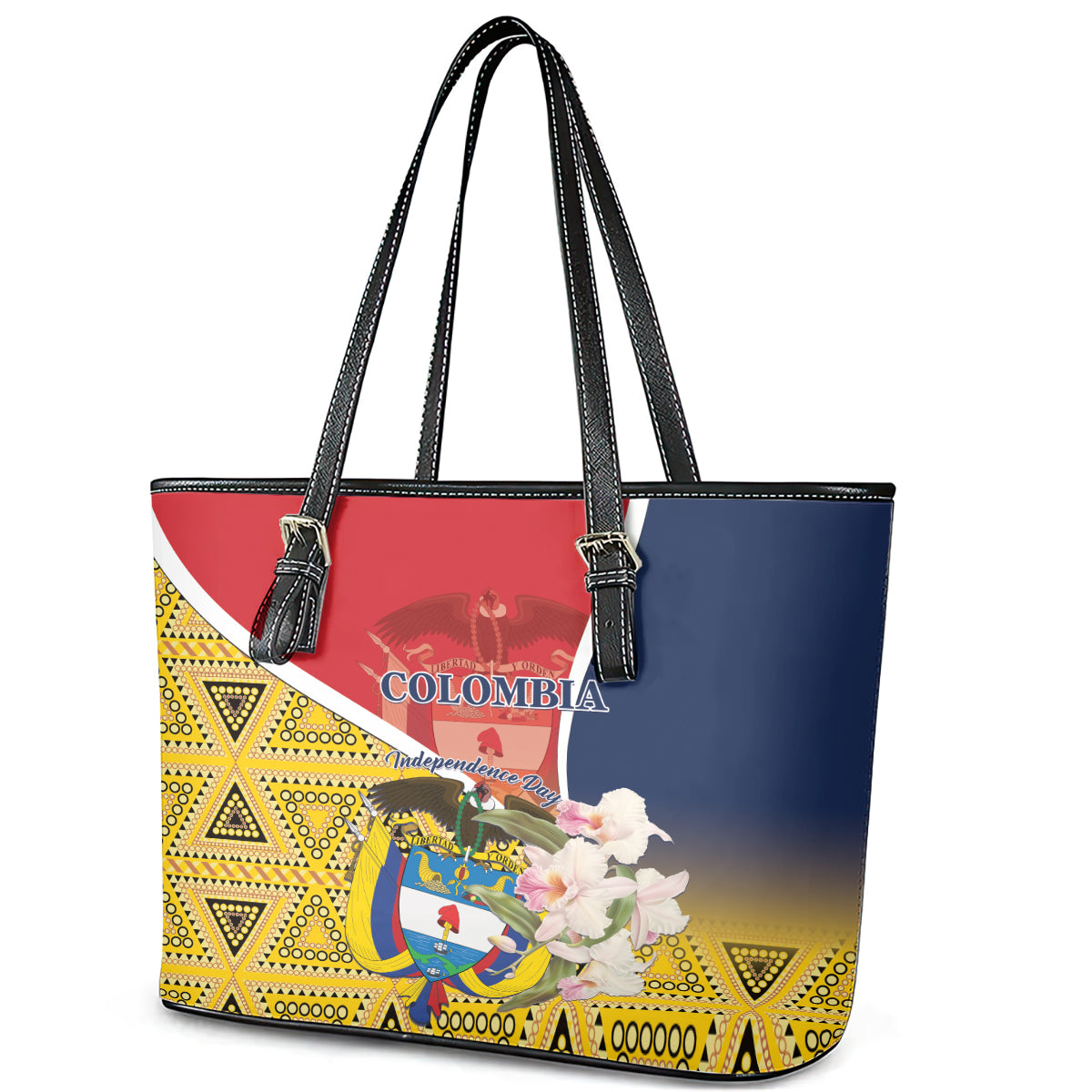 Colombia Independence Day Leather Tote Bag Libertad y Orden Colombian Pattern - Wonder Print Shop