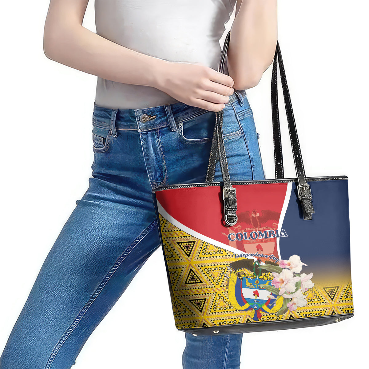 Colombia Independence Day Leather Tote Bag Libertad y Orden Colombian Pattern - Wonder Print Shop