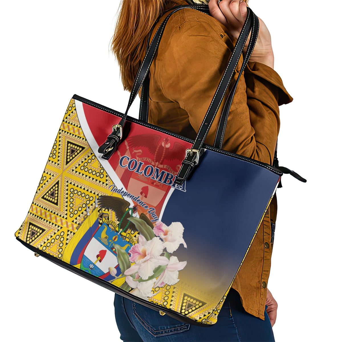 Colombia Independence Day Leather Tote Bag Libertad y Orden Colombian Pattern - Wonder Print Shop