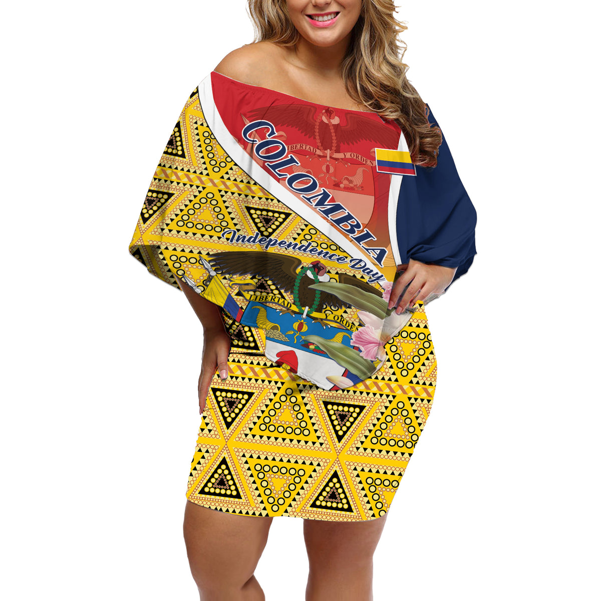 Colombia Independence Day Off Shoulder Short Dress Libertad y Orden Colombian Pattern - Wonder Print Shop