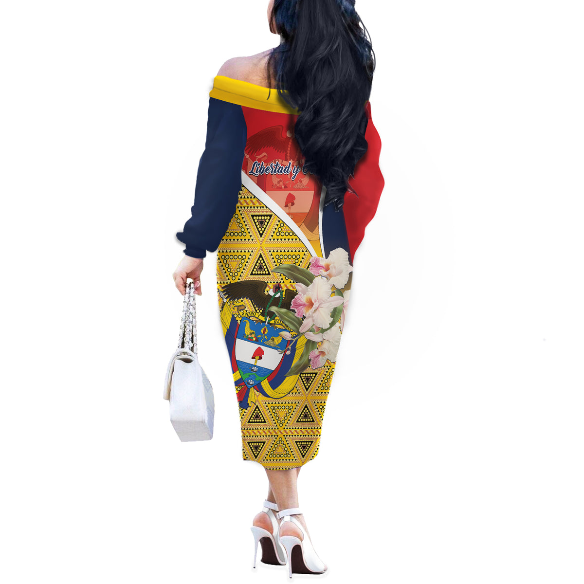 Colombia Independence Day Off The Shoulder Long Sleeve Dress Libertad y Orden Colombian Pattern - Wonder Print Shop