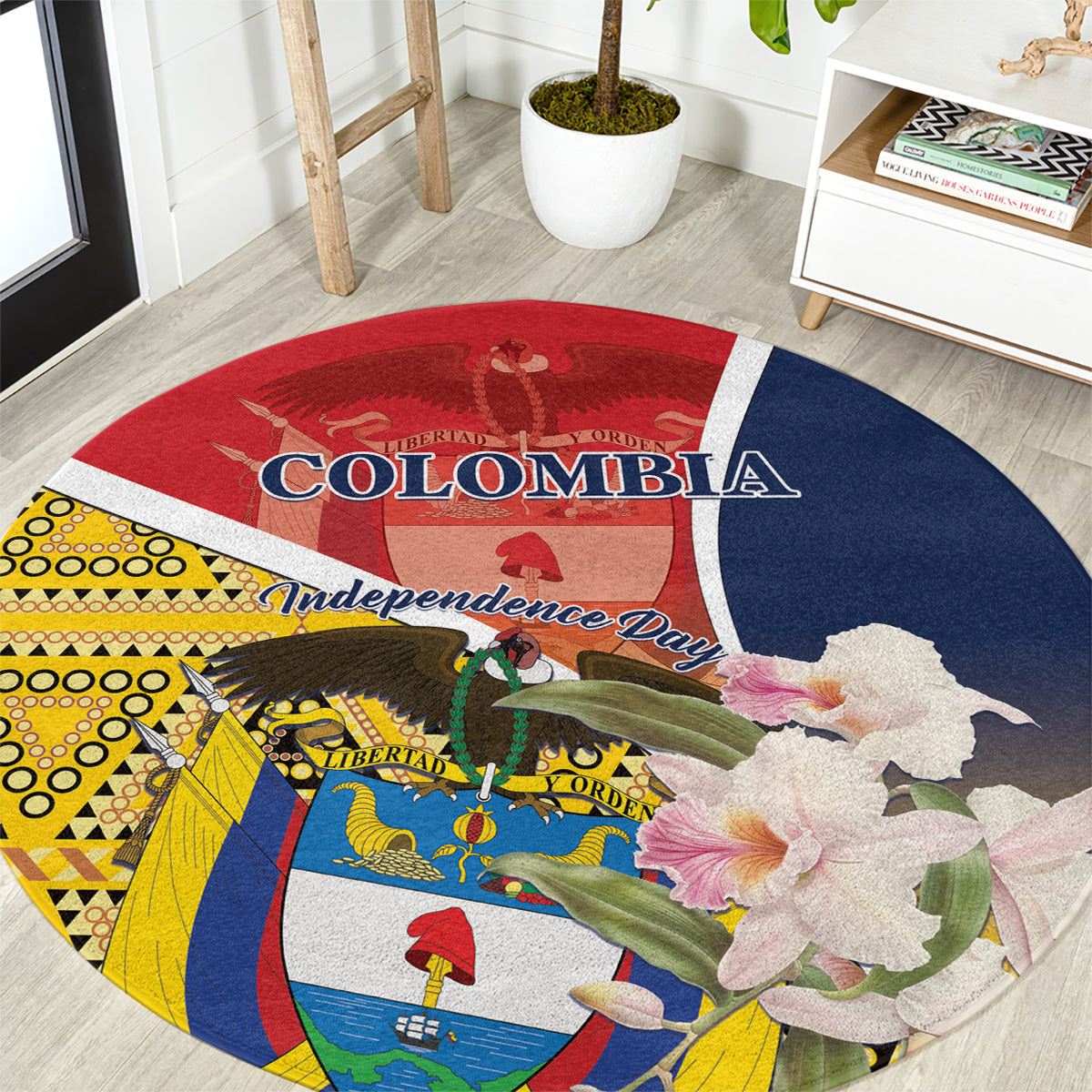 Colombia Independence Day Round Carpet Libertad y Orden Colombian Pattern