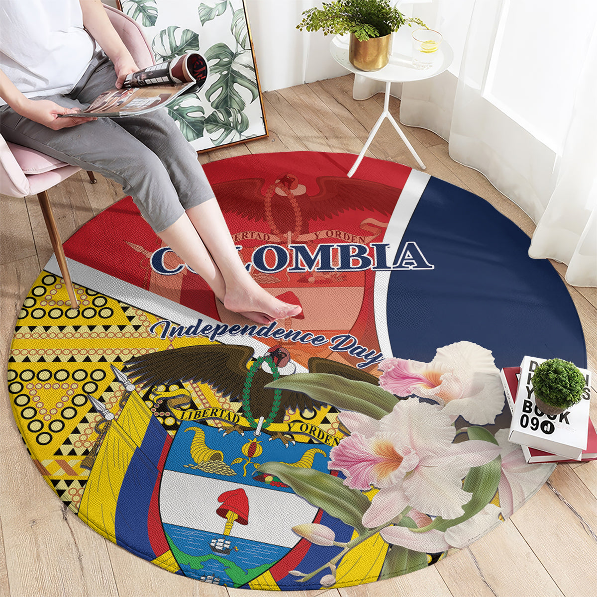 Colombia Independence Day Round Carpet Libertad y Orden Colombian Pattern