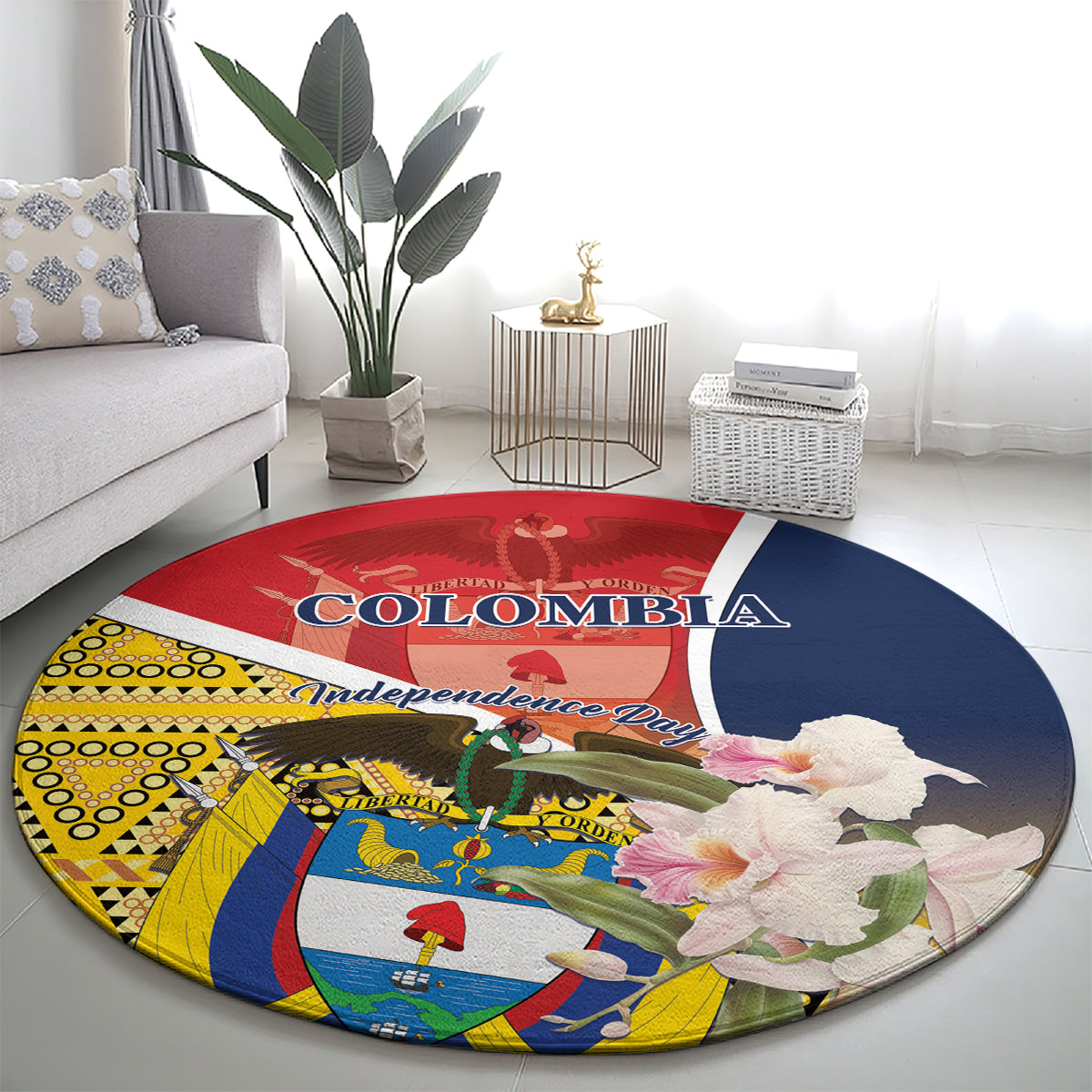 Colombia Independence Day Round Carpet Libertad y Orden Colombian Pattern