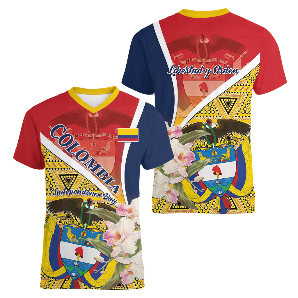Colombia Independence Day Women V-Neck T-Shirt Libertad y Orden Colombian Pattern - Wonder Print Shop