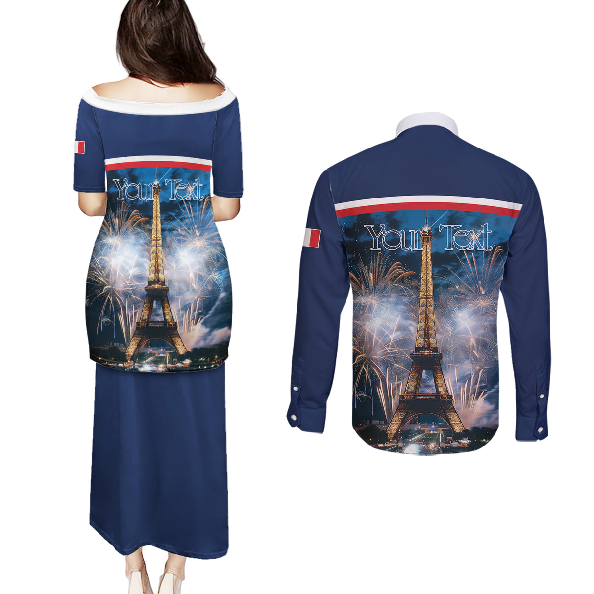 Personalized France Bastille Day Couples Matching Puletasi and Long Sleeve Button Shirt Fete Nationale du 14 juillet - Wonder Print Shop