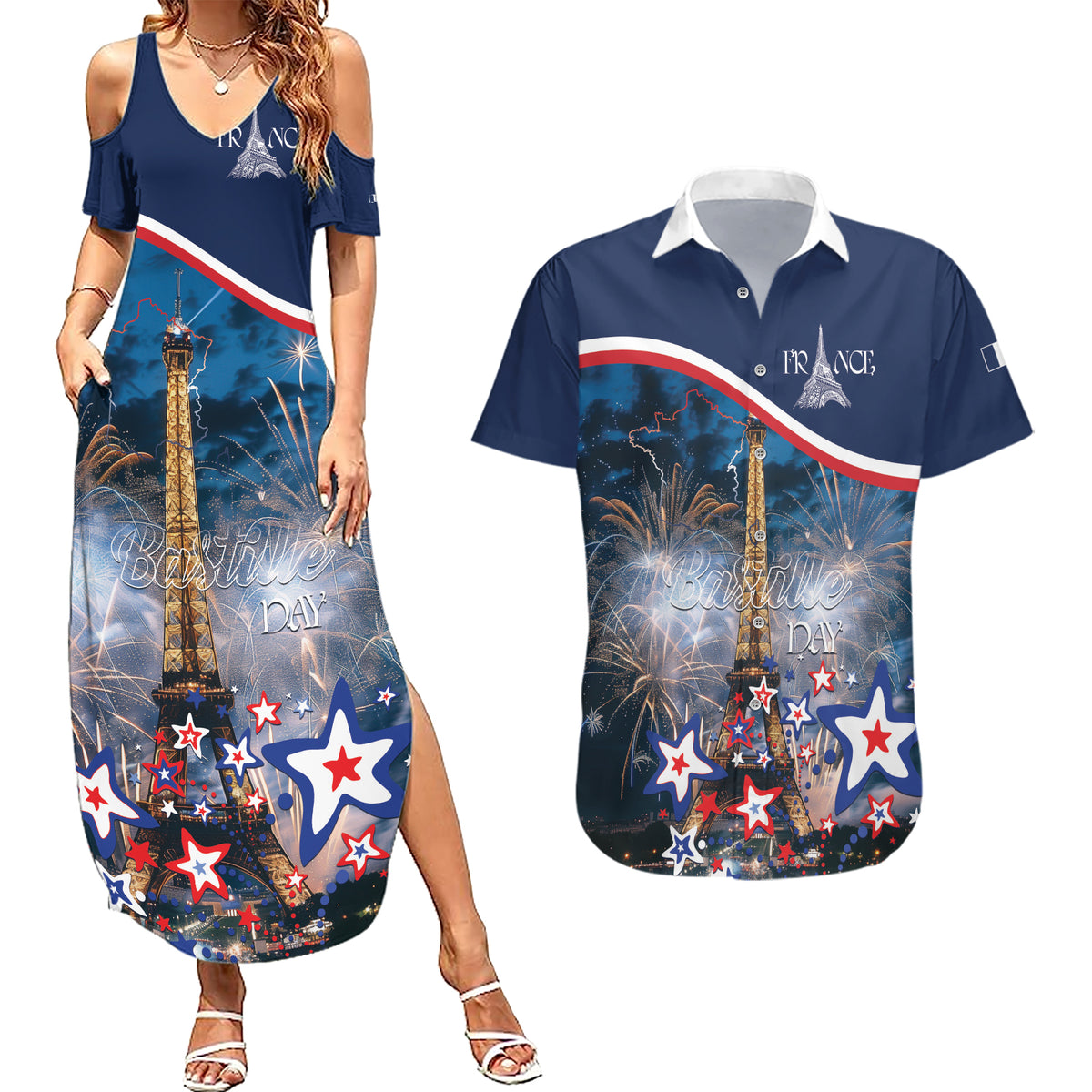 Personalized France Bastille Day Couples Matching Summer Maxi Dress and Hawaiian Shirt Fete Nationale du 14 juillet - Wonder Print Shop