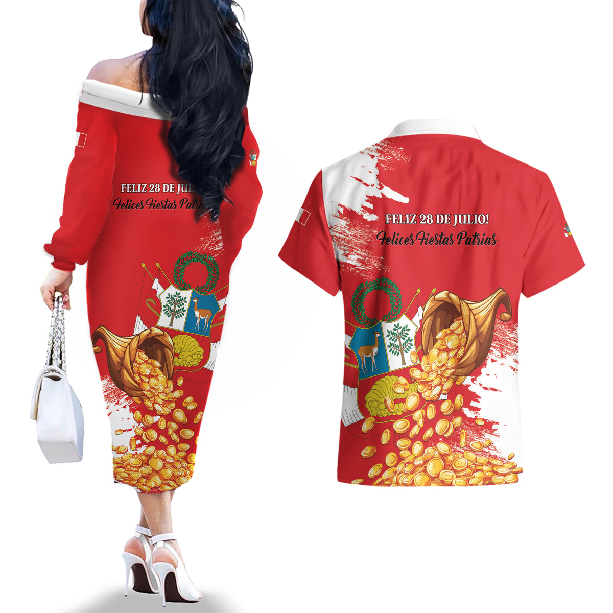 Peru Independence Day Couples Matching Off The Shoulder Long Sleeve Dress and Hawaiian Shirt Feliz 28 de Julio Felices Fiestas Patrias - Wonder Print Shop