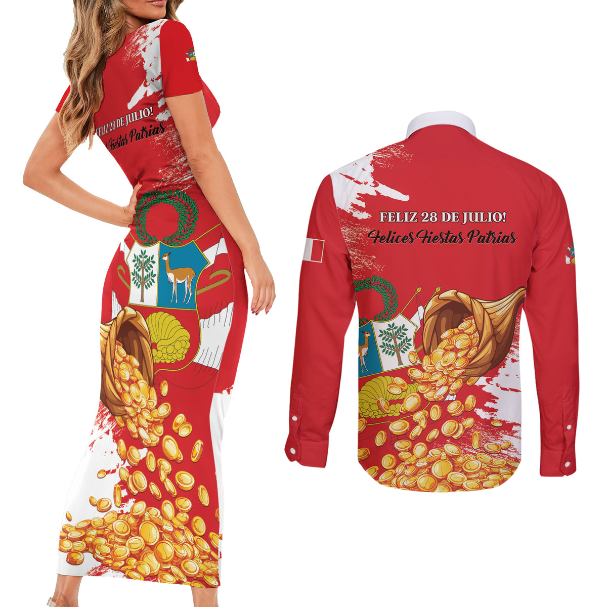 Peru Independence Day Couples Matching Short Sleeve Bodycon Dress and Long Sleeve Button Shirt Feliz 28 de Julio Felices Fiestas Patrias - Wonder Print Shop