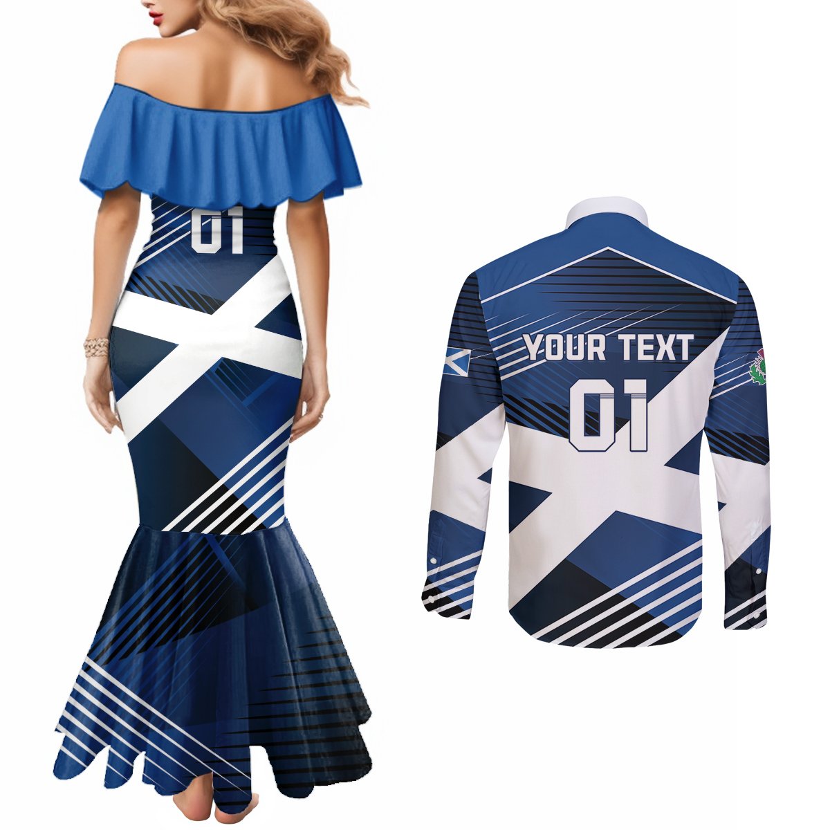 Custom Scotland 2024 Football Couples Matching Mermaid Dress and Long Sleeve Button Shirt 2024 Go Champions