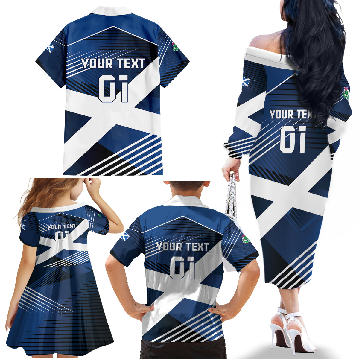 Custom Scotland 2024 Football Family Matching Off The Shoulder Long Sleeve Dress and Hawaiian Shirt 2024 Go Champions - Wonder Print Shop