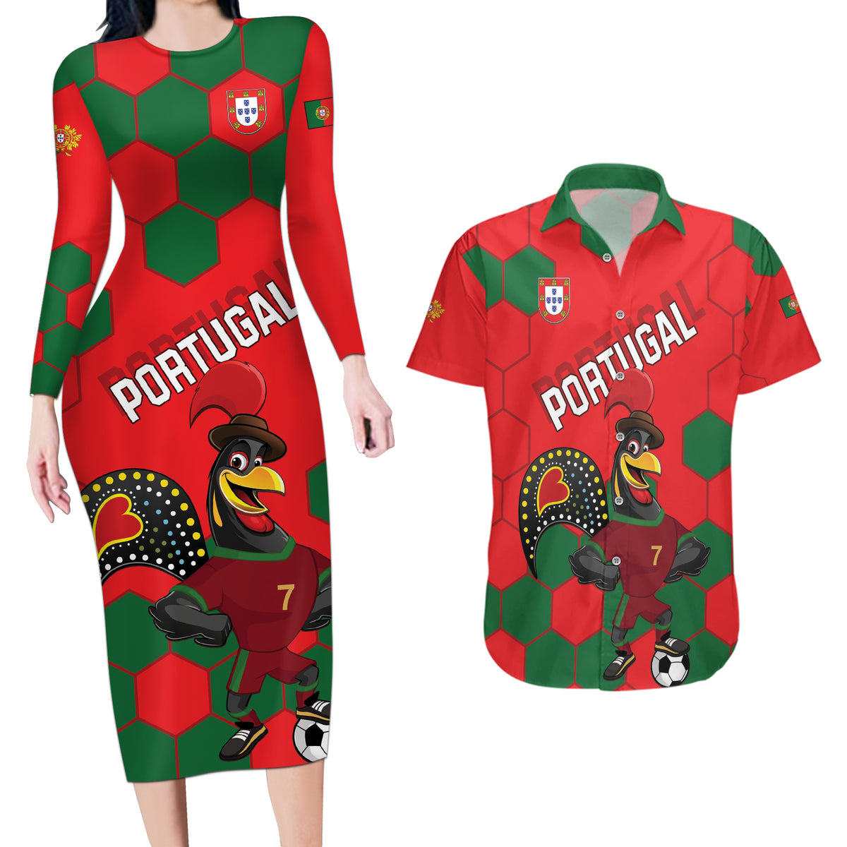 Custom Portugal 2024 Football Couples Matching Long Sleeve Bodycon Dress and Hawaiian Shirt 2024 Go Champions - Wonder Print Shop