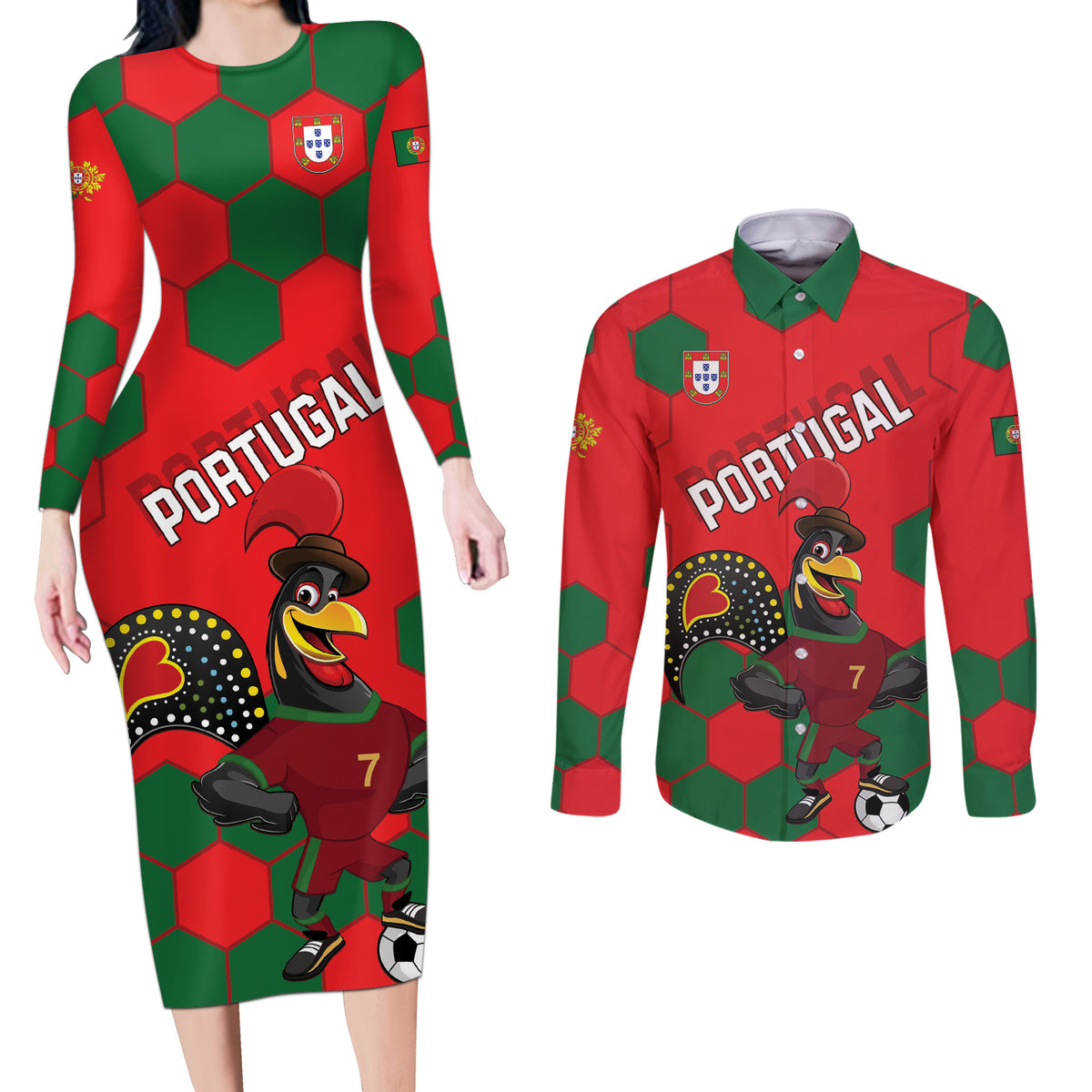 Custom Portugal 2024 Football Couples Matching Long Sleeve Bodycon Dress and Long Sleeve Button Shirt 2024 Go Champions - Wonder Print Shop