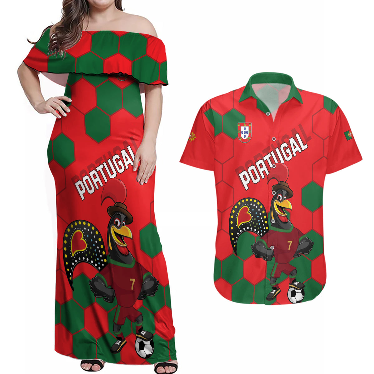 Custom Portugal 2024 Football Couples Matching Off Shoulder Maxi Dress and Hawaiian Shirt 2024 Go Champions - Wonder Print Shop