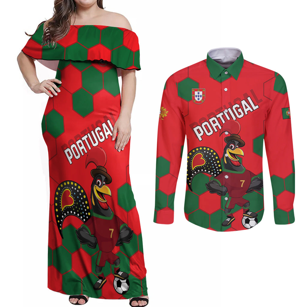 Custom Portugal 2024 Football Couples Matching Off Shoulder Maxi Dress and Long Sleeve Button Shirt 2024 Go Champions - Wonder Print Shop