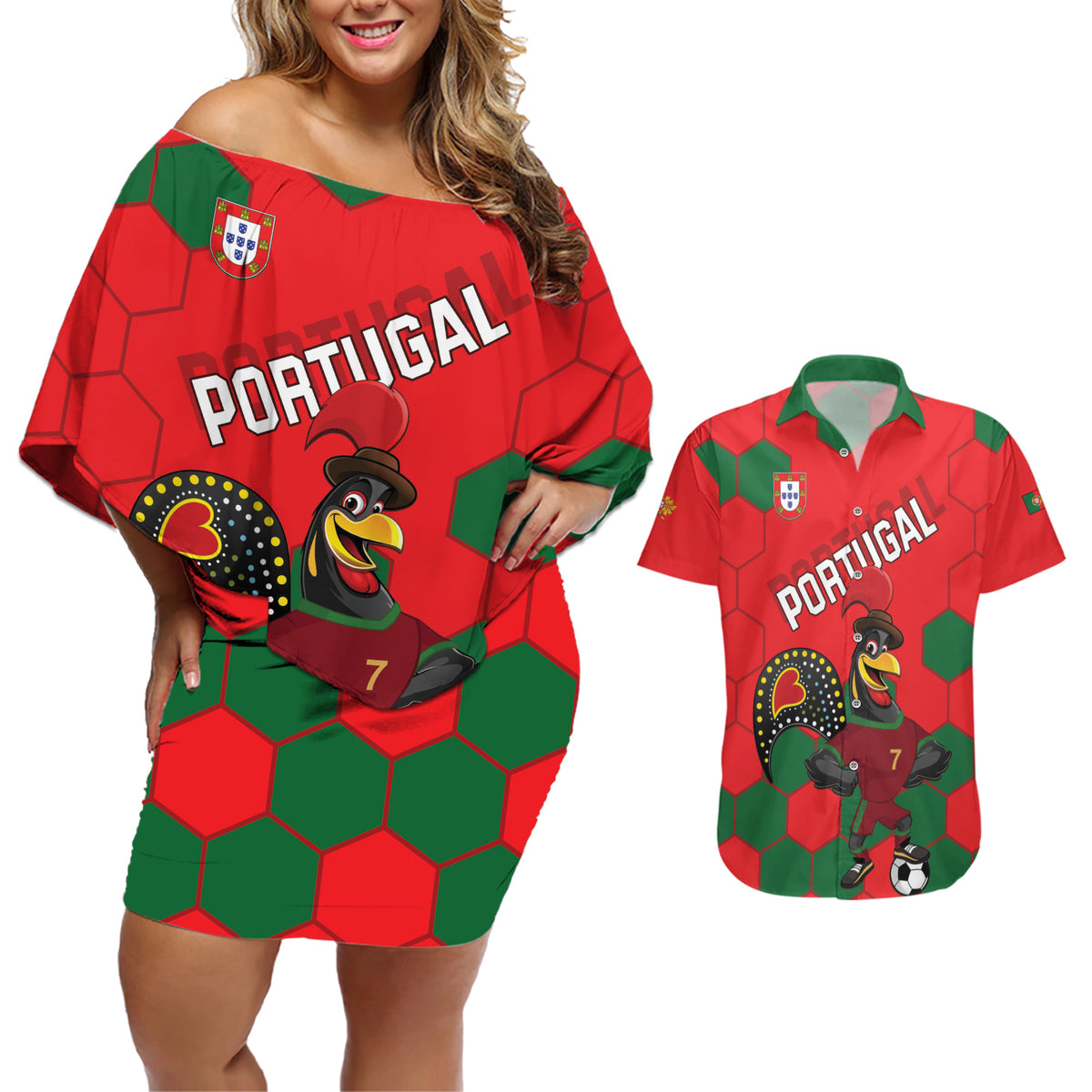 Custom Portugal 2024 Football Couples Matching Off Shoulder Short Dress and Hawaiian Shirt 2024 Go Champions - Wonder Print Shop