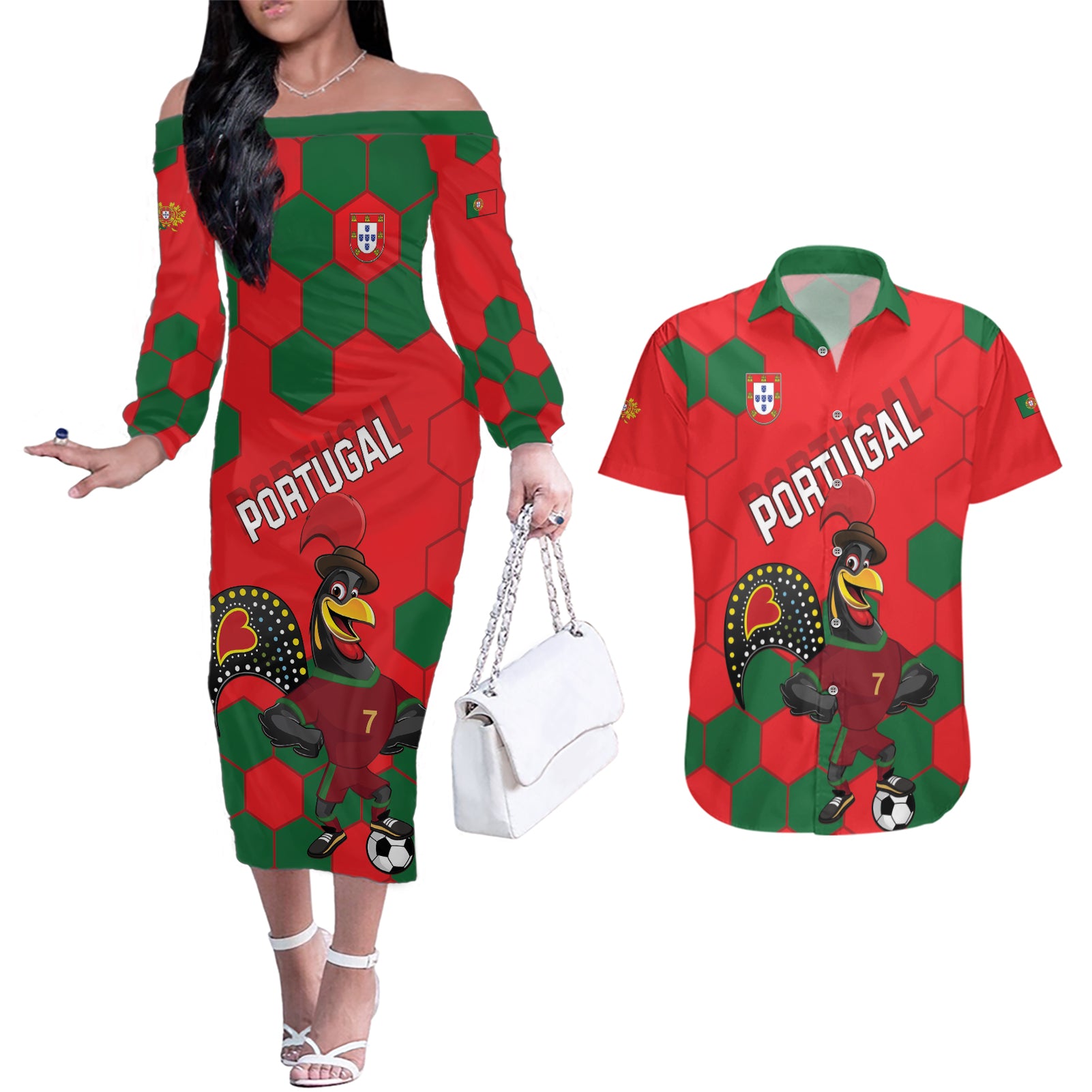 Custom Portugal 2024 Football Couples Matching Off The Shoulder Long Sleeve Dress and Hawaiian Shirt 2024 Go Champions - Wonder Print Shop