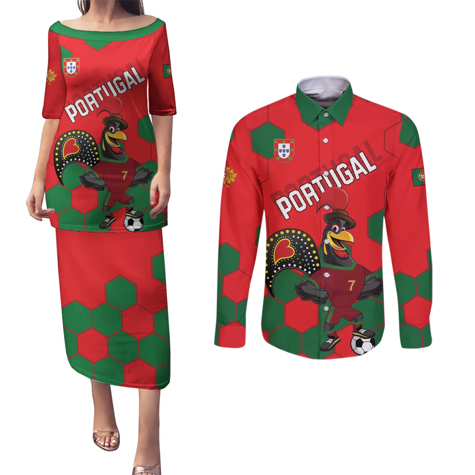 Custom Portugal 2024 Football Couples Matching Puletasi and Long Sleeve Button Shirt 2024 Go Champions - Wonder Print Shop