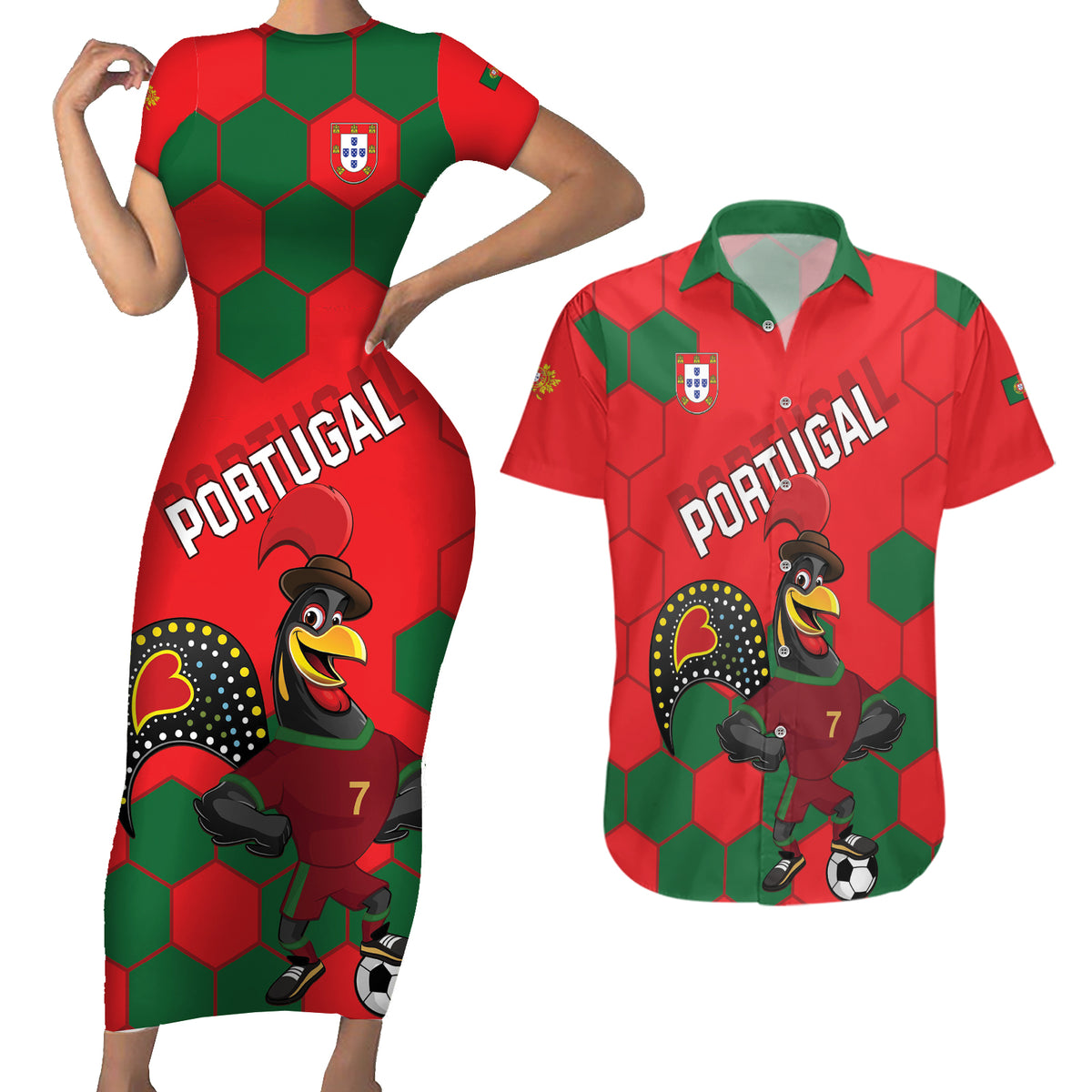 Custom Portugal 2024 Football Couples Matching Short Sleeve Bodycon Dress and Hawaiian Shirt 2024 Go Champions - Wonder Print Shop