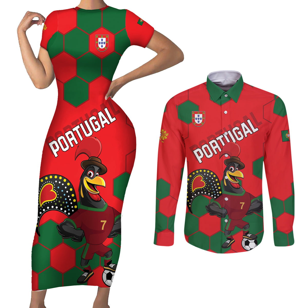 Custom Portugal 2024 Football Couples Matching Short Sleeve Bodycon Dress and Long Sleeve Button Shirt 2024 Go Champions - Wonder Print Shop