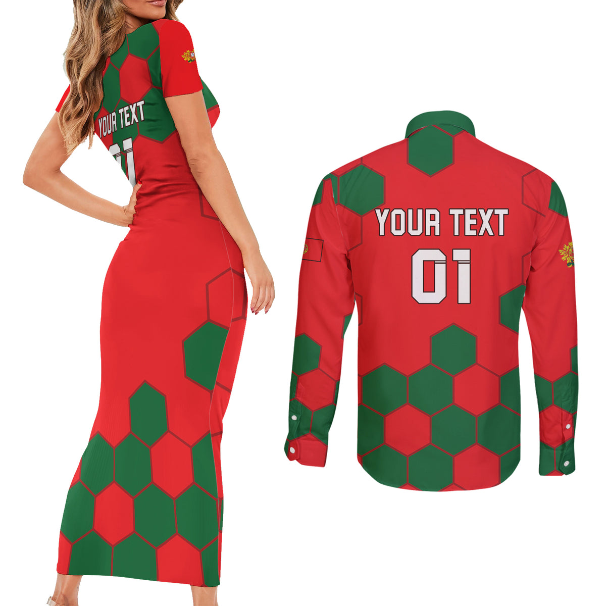 Custom Portugal 2024 Football Couples Matching Short Sleeve Bodycon Dress and Long Sleeve Button Shirt 2024 Go Champions - Wonder Print Shop