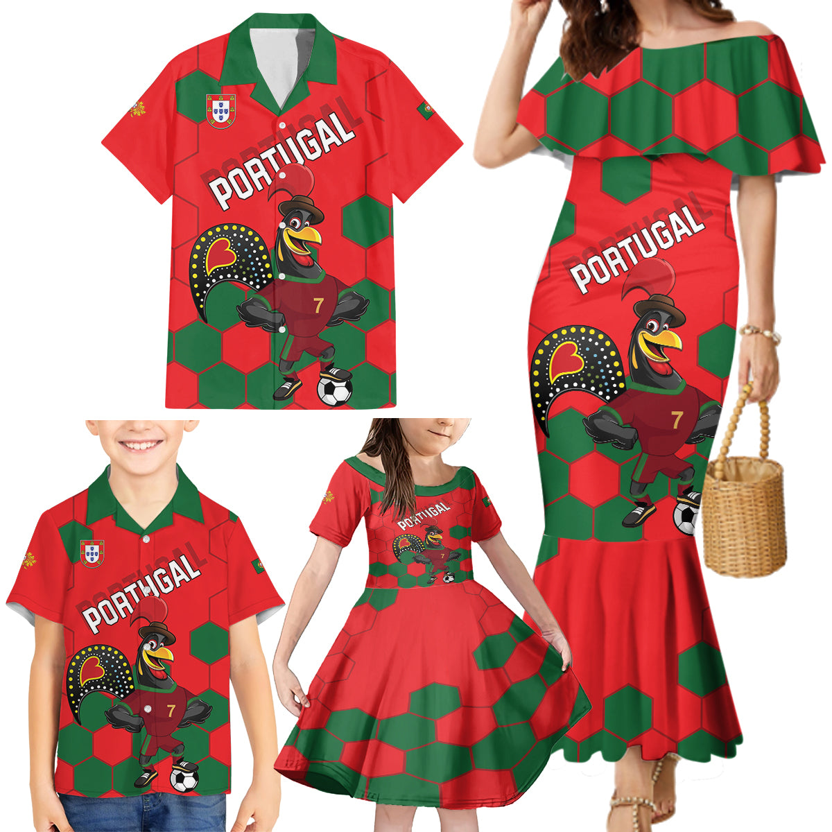 Custom Portugal 2024 Football Family Matching Mermaid Dress and Hawaiian Shirt 2024 Go Champions - Wonder Print Shop