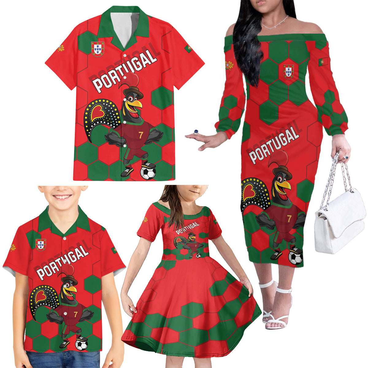 Custom Portugal 2024 Football Family Matching Off The Shoulder Long Sleeve Dress and Hawaiian Shirt 2024 Go Champions - Wonder Print Shop