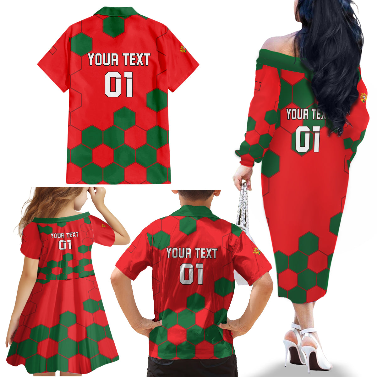 Custom Portugal 2024 Football Family Matching Off The Shoulder Long Sleeve Dress and Hawaiian Shirt 2024 Go Champions - Wonder Print Shop